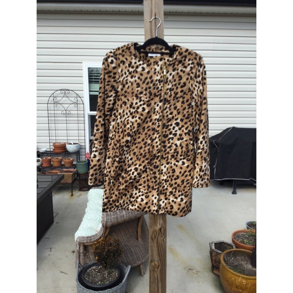 Calvin Klein Womens Leopard Print Jacket Size Small Long Zip-up Coat Tan Cheetah